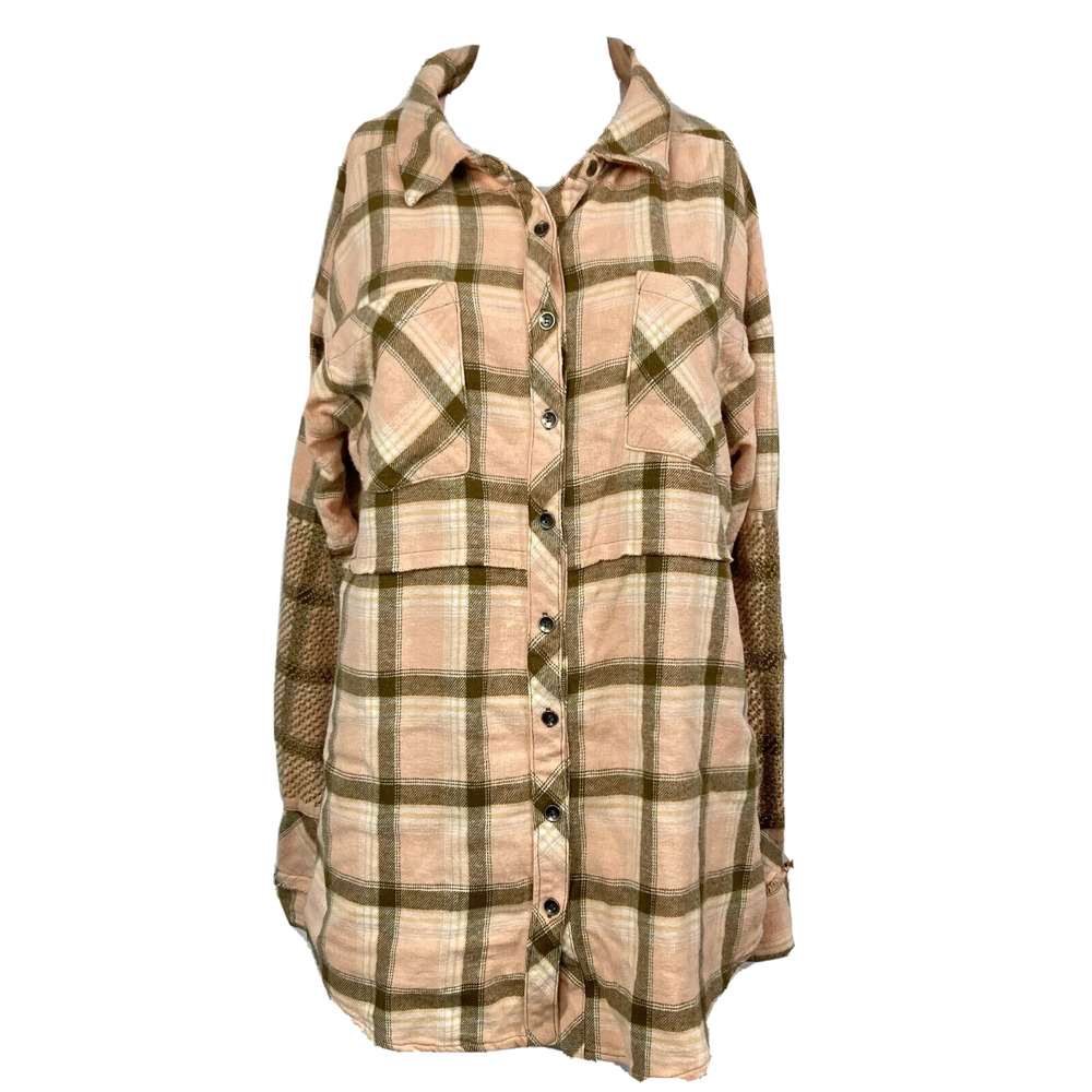 BUCKLRE BKE Shirt Womens Sz S Pink Green Plaid Cotton Flannel Button Up